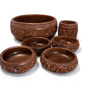 Hand Carved Wooden Bowl Set 6 Pcs Ornate Floral Vintage Rustic Decor Boho Gift